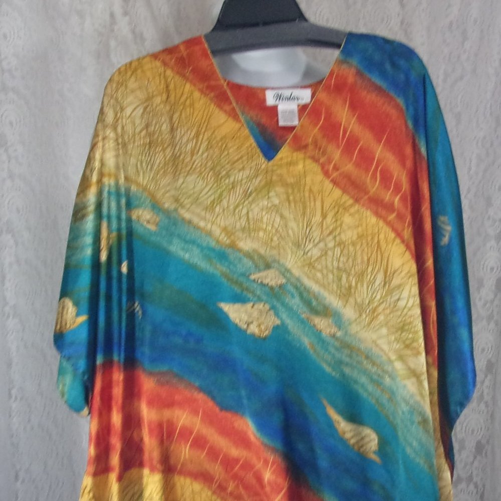 Easy Comfort Dressing Caftan Maxi Dress Gold Blue Orange stripped O/S By…